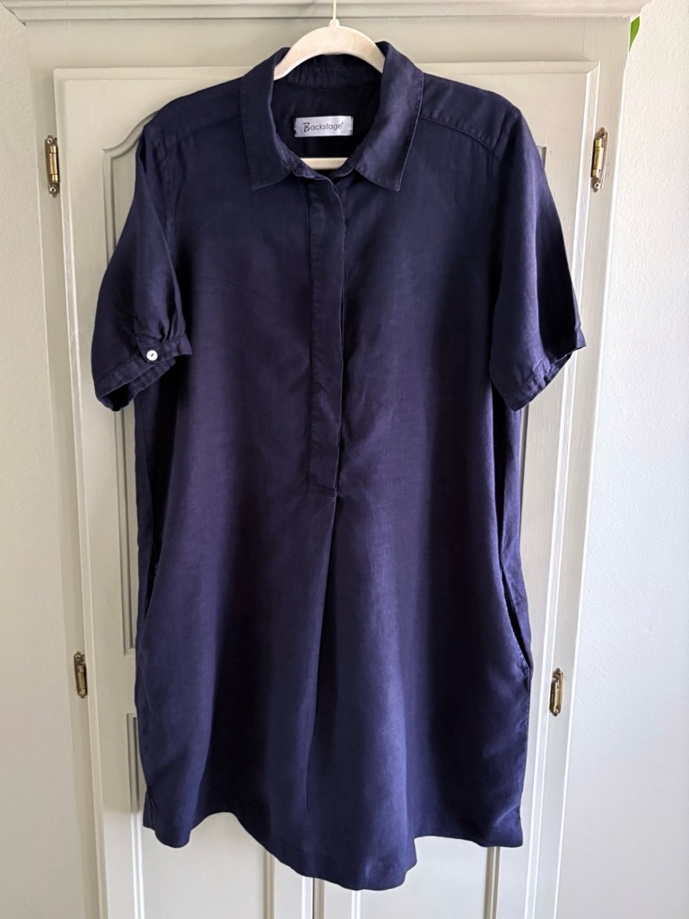 BACKSTAGE 100% Linen Shirt Dress with Pockets | Navy Blue | Size Medium